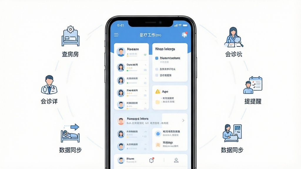 一幅干净的移动医疗协同应用展示图,画面中央是一部竖屏智能手机,屏幕上显示蓝白色调的医疗工作台界面,包含患者列表卡片、待办事项和消息提醒模块,手机周围以简洁的线条图标环绕表现查房、会诊、提醒、数据同步等场景,整体布局居中对称,风格为现代扁平化UI插画,细节上界面元素清晰、配色柔和,画质高清,背景纯白无多余装饰元素