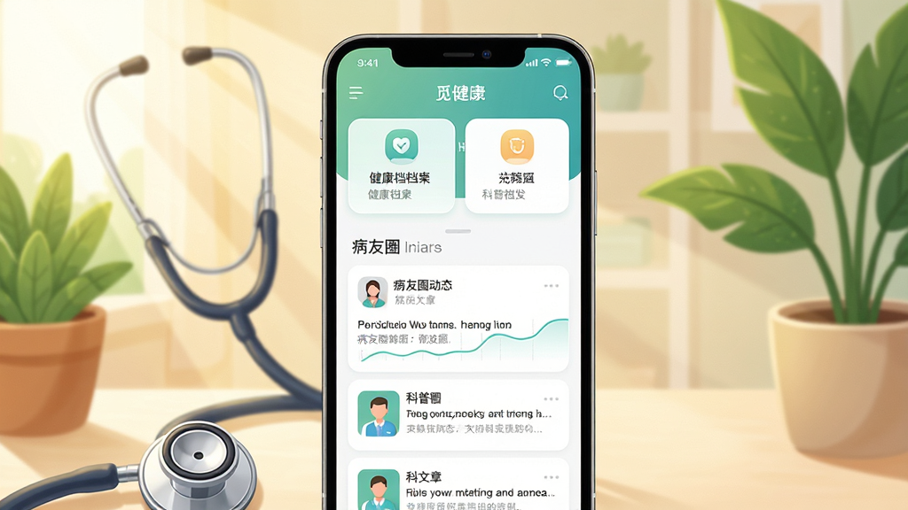 画面主体为一部智能手机,屏幕上显示觅健应用的主界面,界面中包含健康档案卡片、病友圈动态与科普文章列表,手机周围环绕着听诊器、绿色植物与温暖的阳光光束,布局为居中构图,风格为清新写实医疗插画风,细节上突出界面图标的柔和圆角与数据图表的清晰线条,画质为4K高清,画面干净无多余元素