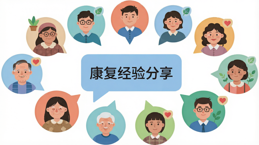 画面主体为多位不同年龄的用户头像以圆形气泡形式围绕一个中心对话框,对话框内显示“康复经验分享”字样,布局为环形放射状排列,风格为扁平化社交插画风,细节上每个气泡带有小绿植或爱心图标点缀,画质为高清矢量质感,画面干净无多余元素