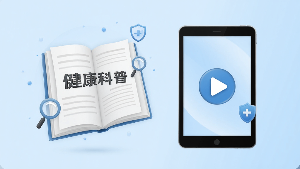 画面主体为一本翻开的电子书与一个播放按钮图标并排悬浮,书页上显示“健康科普”字样,背景为浅蓝色渐变,布局为左右对称,风格为简约知识付费风,细节上加入放大镜与盾牌小图标象征审核与查找,画质为高清干净风格,画面无多余装饰