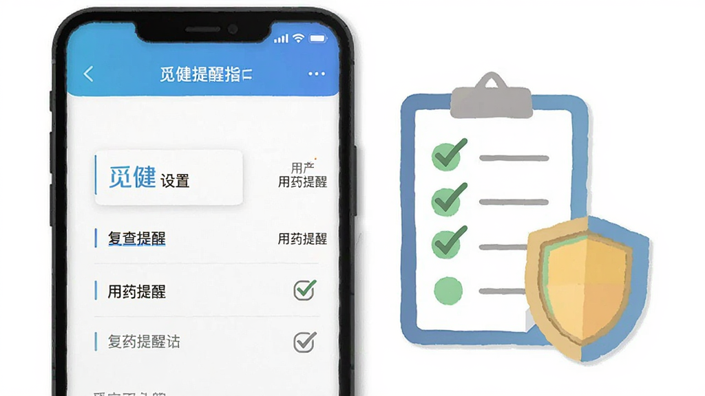 画面主体为一部手机屏幕显示觅健的提醒设置页面,旁边放置一个打勾的清单与一个盾牌图标,布局为手机居中偏左、图标右侧排列,风格为扁平化操作指引插画,细节上清单条目带有“复查提醒”“用药提醒”小字,画质为高清简洁风,画面干净无杂乱背景
