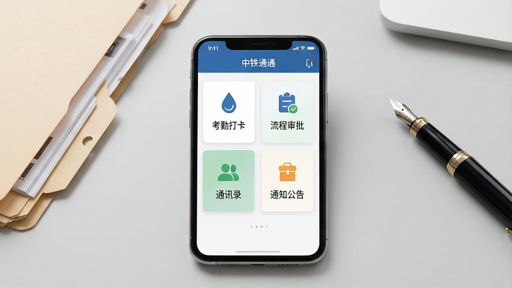 一幅商务风格的手机应用界面展示图,画面中央是一部竖屏智能手机,屏幕内呈现“中铁通通”应用主界面,包含考勤打卡、流程审批、通讯录、通知公告四个功能卡片,布局整齐,背景为浅灰色办公桌面,旁边放置文件夹与钢笔,整体风格简洁商务,细节清晰,画质干净,无多余元素