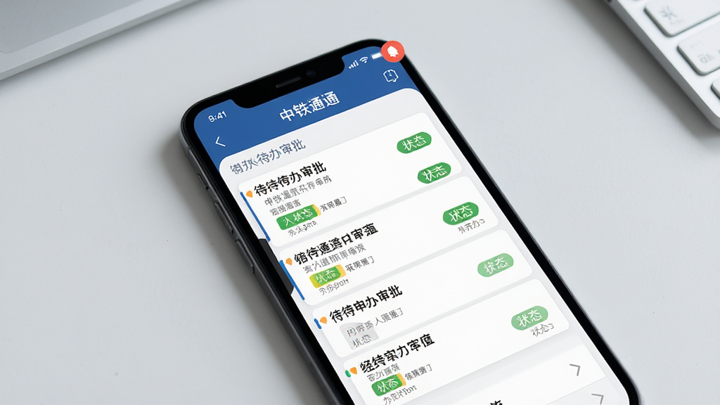 一张手机界面展示图,屏幕中呈现“中铁通通”待办审批页面,列表中有多条待办事项,每条带有状态标签,页面顶部有消息提醒角标,背景为简洁的浅灰桌面,风格商务干练,细节清晰,画质干净,无多余元素