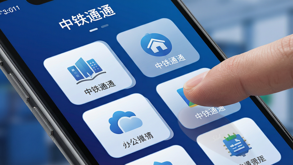 一张手机屏幕特写图,屏幕中显示“中铁通通”应用的功能聚合页面,多个办公模块图标以网格形式排列,图标风格统一,背景为深蓝色渐变,画面右侧有手指点击屏幕的动作,整体风格现代商务,细节清晰,画质干净,无多余元素