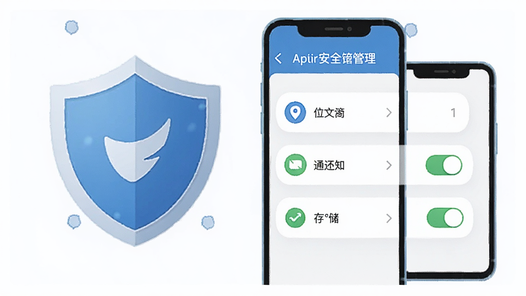 一幅手机安全设置界面示意图,屏幕中显示应用权限管理页面,包含定位、通知、存储三项权限开关,画面旁边有盾牌图标与手机,风格简洁安全主题,细节清晰,画质干净,无多余元素