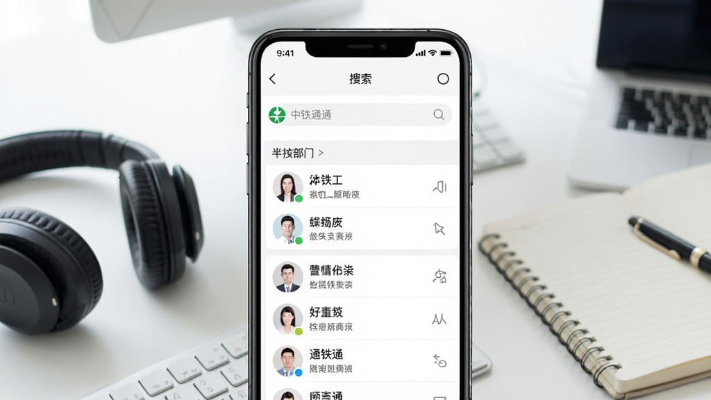 一幅手机通讯录界面示意图,屏幕中展示“中铁通通”通讯录列表,按部门分组显示人员姓名与岗位,顶部有搜索框,画面背景为浅色办公环境,旁边有耳机与笔记本,风格清爽商务,细节清晰,画质干净,无多余元素