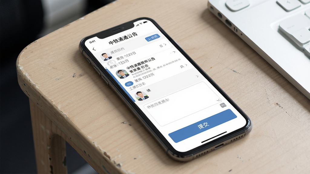 一幅手机应用界面图,屏幕中显示“中铁通通”通知公告与工作日志页面,公告列表带有日期标签,日志页面有文字输入框与提交按钮,画面背景为办公桌一角,风格简洁务实,细节清晰,画质干净,无多余元素