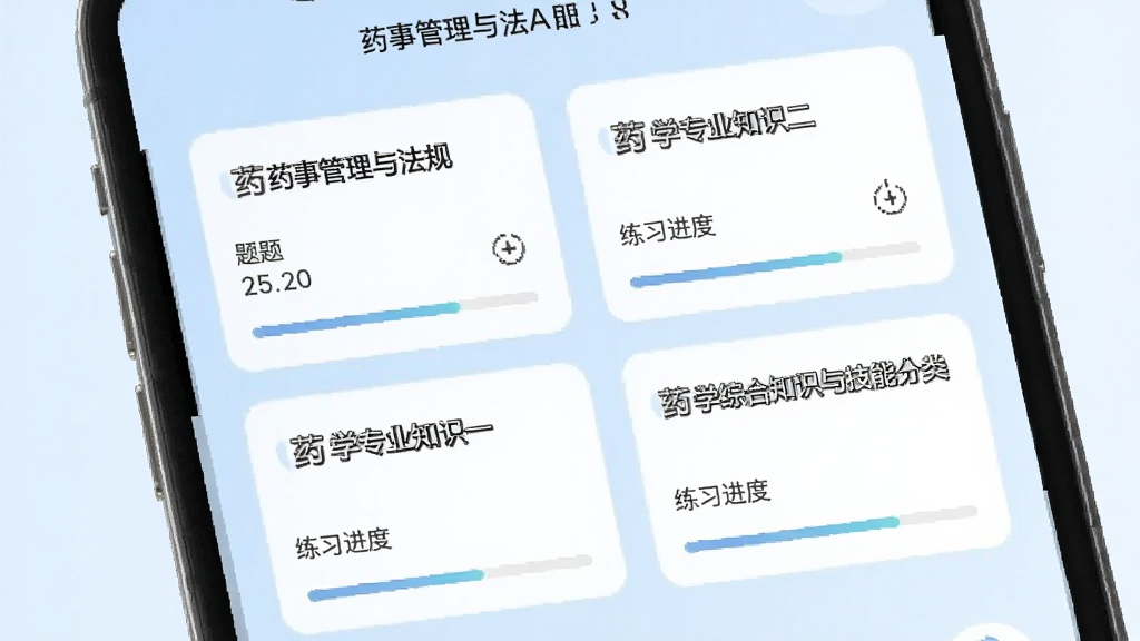 执业药师刷题库全科题库分类界面,手机屏幕展示药事管理与法规、药学专业知识一、药学专业知识二、药学综合知识与技能四个科目卡片,卡片下方标注题目数量与练习进度,浅蓝色背景,卡片式布局,学习工具风格,画面干净整洁,高清画质