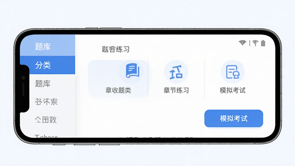 执业药师刷题库软件主界面展示,手机屏幕居中排列,画面中呈现题库分类导航、章节练习入口与模拟考试按钮,蓝色与白色为主色调,简洁学习风格,扁平化UI设计,干净背景,高清画质,无多余元素