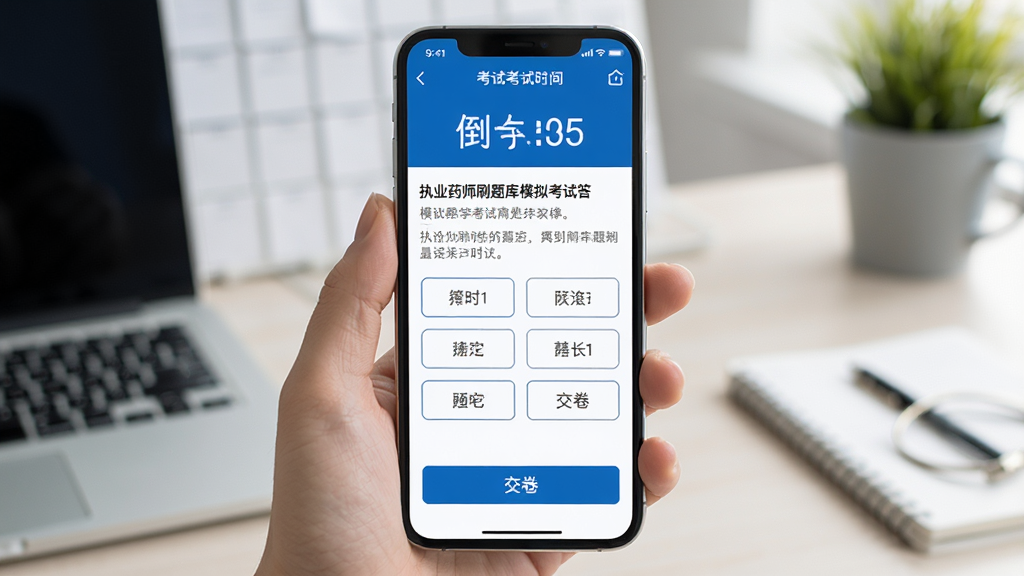 执业药师刷题库模拟考试答题界面,手机屏幕显示考试倒计时、题目内容与四个选项按钮,底部有交卷按钮,界面简洁专业,蓝白配色,学习考试场景风格,高清画质,画面干净