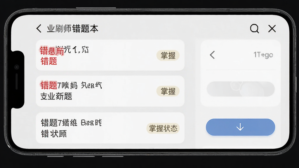 执业药师刷题库错题本界面,手机屏幕展示错题列表与重新练习按钮,页面有红色错题标记和掌握状态标识,浅灰背景,卡片排列整齐,学习工具风格,高清画质,干净无多余元素