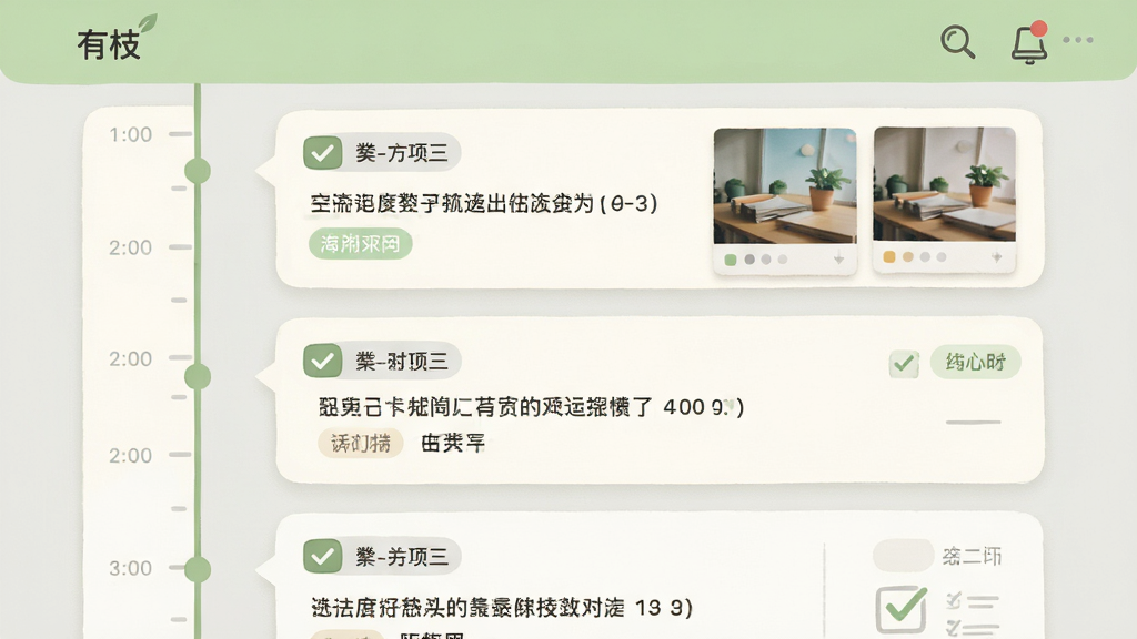 界面截图风格插画,展示“有枝”应用内的时间线页面,左侧为竖向时间轴刻度,右侧依次排列多条记录卡片,卡片内分别呈现文字笔记、图片缩略图与勾选清单三种内容形态,整体布局疏密有致,配色以浅绿、米白和浅灰为主,风格清爽现代,细节包含时间戳标签与分类小图标,画质干净清晰,无多余装饰元素