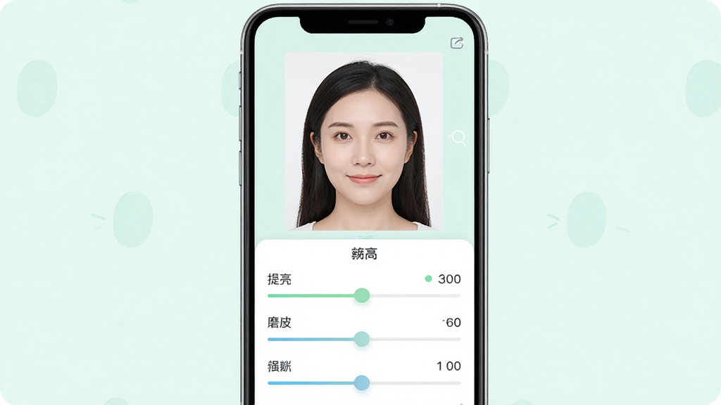 证件照头像软件美颜调节界面,主体为手机屏幕上的证件照人像与美颜参数滑块,布局为手机居中展示,人像位于上方、调节滑块位于下方,风格为柔和清新的浅色UI风格,细节包括肤色提亮、磨皮强度等滑块标识,画质清晰,画面干净,无多余元素