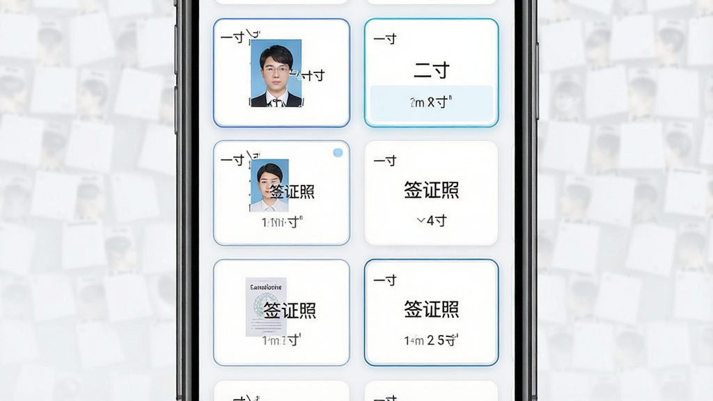 证件照头像软件规格模板选择界面,主体为手机屏幕显示网格状排列的证件照规格卡片,每张卡片标注“一寸”“二寸”“签证照”等文字,布局为手机居中、卡片整齐排列,风格为现代卡片式UI设计,细节包括卡片上的尺寸标注和选中状态的高亮边框,画质清晰,画面干净,无多余元素