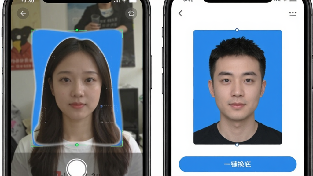 证件照头像软件智能抠图功能展示图,主体为手机屏幕上的人像被自动识别并替换为蓝色背景,布局为左右对比构图,左侧为原始杂乱背景照片,右侧为处理后的蓝底证件照,风格为写实产品演示风格,细节包括抠图边缘的平滑过渡、界面上的“一键换底”按钮,画质高清,画面干净,无多余元素