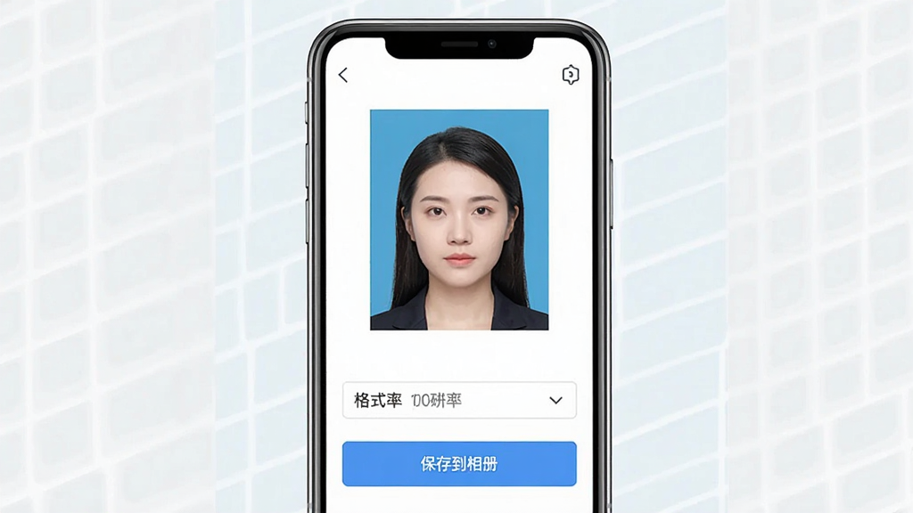 证件照头像软件保存导出界面,主体为手机屏幕显示制作完成的证件照预览与“保存到相册”按钮,布局为手机居中、预览图在上方、按钮在下方,风格为简洁明快的扁平化设计,细节包括格式选择下拉框和分辨率标注,画质清晰,画面干净,无多余元素