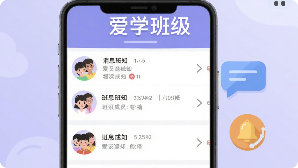 �༶�������棬�ֻ���Ļ��ʾ��Ϣ֪ͨ�б��Ͱ༶��Աͷ���Ա��жԻ����ݺ�����ͼ�꣬����Ϊǳ��ɫ���䣬��ƽ�廭��񣬲������ҷ��������֡���ѧ�༶�������ڶ��������ʸ��壬��������