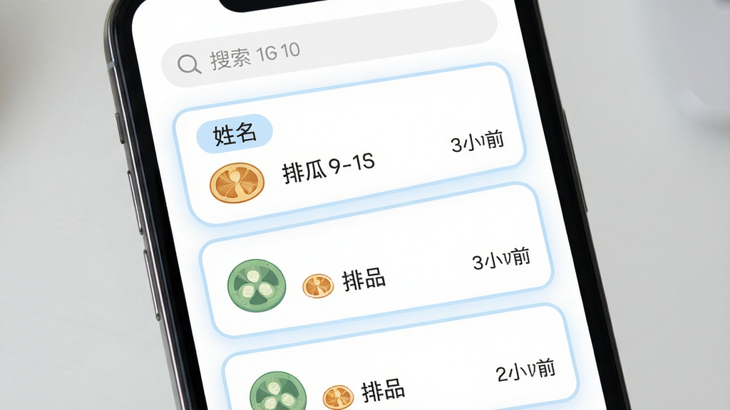 卜瓜软件历史记录管理页面,主体为手机屏幕显示排盘记录列表,布局为顶部搜索栏加下方卡片列表,排版为每张卡片包含姓名标签、排盘类型图标和时间信息,风格为清新浅色风,细节包括白色背景、淡蓝色卡片边框、圆角图标,画质高清干净无多余元素