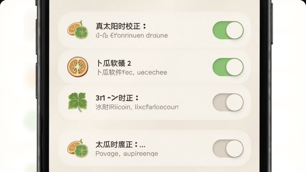 卜瓜软件设置页面展示真太阳时校正选项,主体为手机屏幕中央的设置菜单,布局为纵向列表,排版为每行一个开关选项配图标,风格为柔和圆角风,细节包括米白色背景、圆角开关控件、灰色辅助说明文字,画质高清干净无多余元素