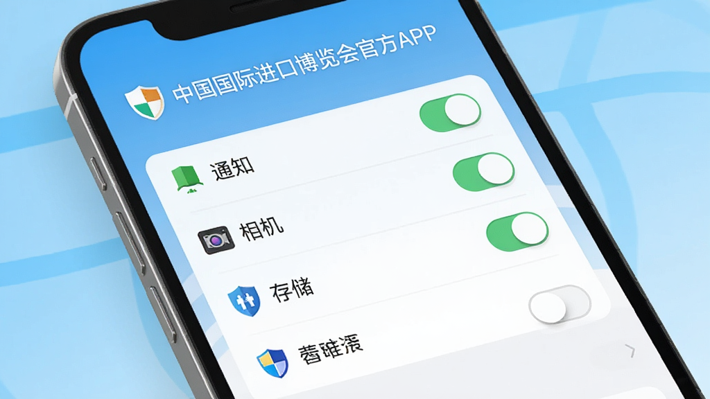 手机屏幕显示应用权限设置页面,列表包含通知、相机、存储等开关项,旁边有盾牌安全图标,顶部文字