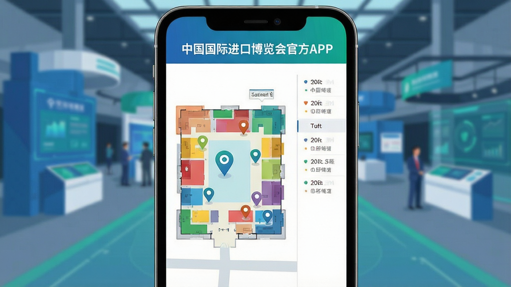手机屏幕展示展馆平面地图与日程列表双栏界面,地图上有彩色展区色块与定位标记,顶部文字