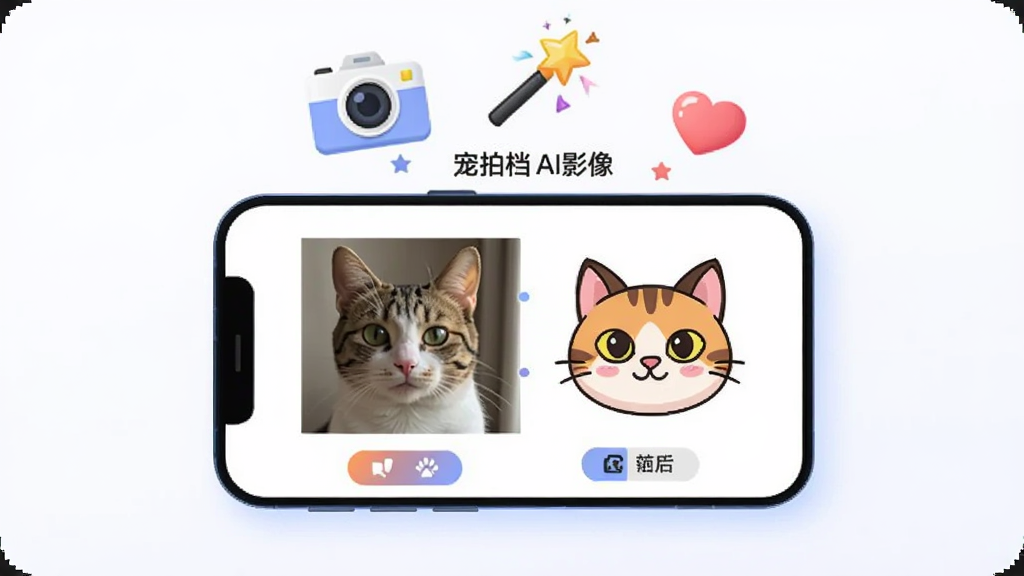 ��������Ϊһ���ֻ����ֻ���Ļ��ʾ������Ƭ����ǰ��Աȣ����Ϊԭʼè��Ƭ���Ҳ�Ϊ�廭���èͷ���ֻ��Ϸ�Ư�������ħ����������ͼ�꣬����Ϊ���жԳƣ����Ϊ�ִ���ƽ�廭��ϸ�ڰ���Բ�Ǳ߿���ͽ��䡢��ఴť�����������ֱ�ע�����ĵ� AIӰ�񡱣������������ɾ����޶���Ԫ��