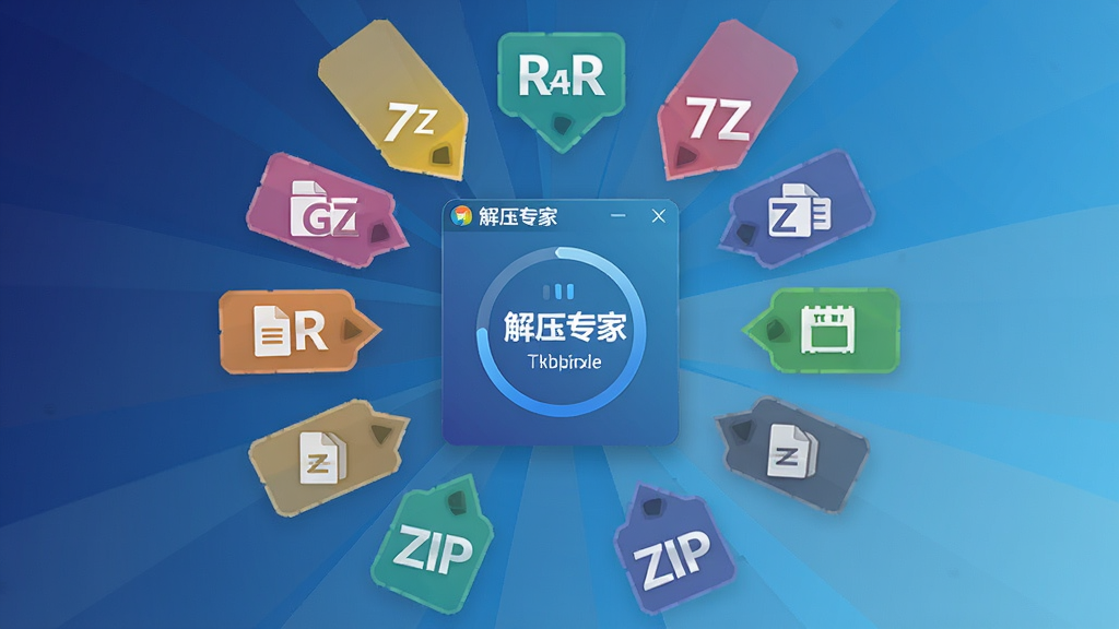 画面主体为“解压专家”软件界面悬浮在中央,四周发散出ZIP、RAR、7Z、TAR、GZ等多个彩色格式标签,标签以环形排列围绕软件图标,背景为深蓝到浅蓝渐变,布局放射状,风格现代扁平化,细节包含解压进度环和文件图标,画质高清干净无多余元素