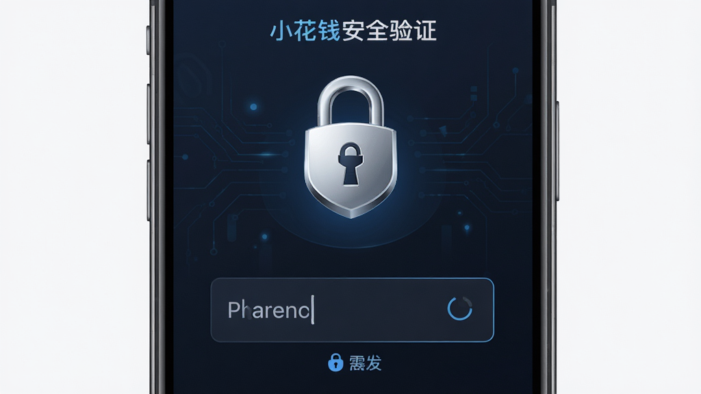 小花钱包安全验证界面,手机屏幕展示验证码输入框与安全锁图标,布局居中对称,排版简洁,风格为科技安全风,细节上锁形图标醒目、输入框清晰,画质高清,干净无多余元素