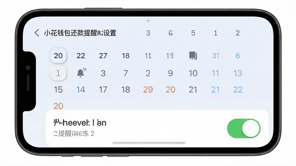 小花钱包还款提醒设置界面,手机屏幕显示日历与提醒开关,布局上下分区,排版规整,风格为清爽浅色系,细节包含日期标记、通知图标,画质清晰,干净无多余元素