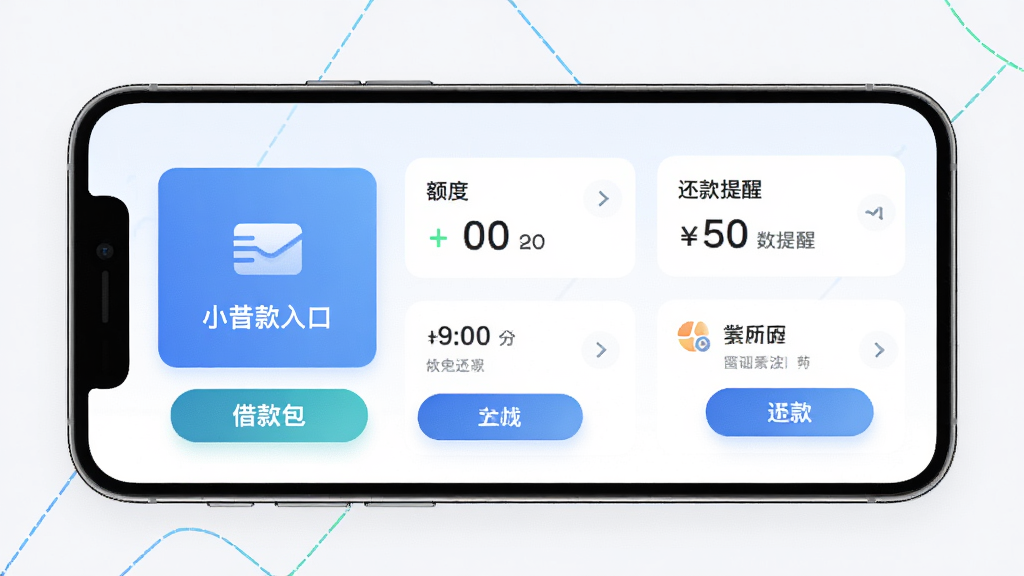 小花钱包应用主界面展示,手机屏幕居中,界面包含借款入口、额度显示、还款提醒等模块,整体布局清晰,排版简洁,风格为现代金融科技风,细节上按钮圆润、图标精致,画质高清,干净无多余元素