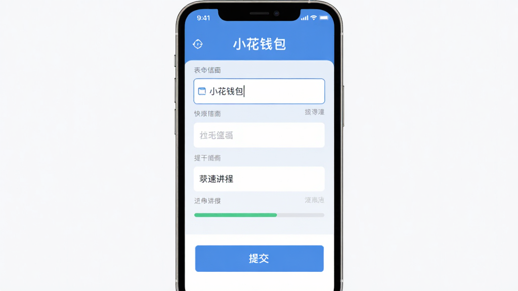 小花钱包快速申请页面示意图,手机界面中显示表单填写区域与提交按钮,布局上下结构,排版整齐,风格为扁平化金融设计,细节包含输入框、提示文字、进度条,画质清晰,干净无多余元素