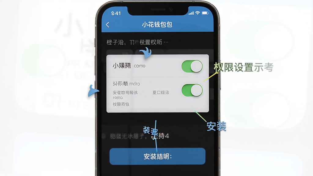 小花钱包手机端安装与权限设置示意图,手机屏幕展示设置界面中的权限开关与安装提示,布局为上下结构,排版清晰,风格为实用教程风,细节包含开关按钮、提示文字、箭头指引,画质高清,干净无多余元素