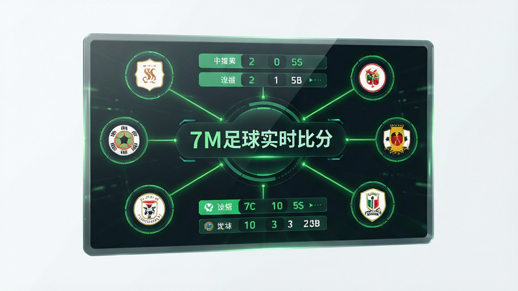 主体为一块悬浮的虚拟数据面板,面板上排列多个足球联赛徽标与比分信息条;布局为居中放射状,联赛图标环绕四周,中心显示“7M足球实时比分”字样;排版清晰,信息条横向排列;风格为数据可视化科技风,深色背景配荧光绿高亮;细节包括发光线条连接图标、半透明玻璃质感面板;画质高清,画面干净,无多余元素。