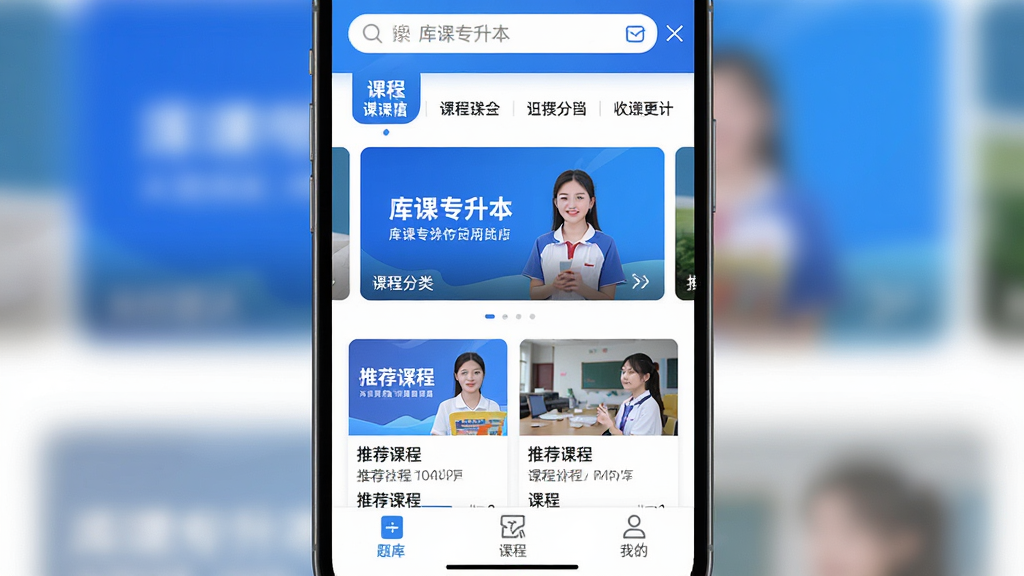 手机屏幕中展示库课专升本应用首页界面,顶部为搜索栏与课程分类入口,中部为轮播图与推荐课程卡片,底部为题库、课程、我的等导航按钮,整体布局清晰,风格简洁明快,画面干净,无多余元素,高清画质