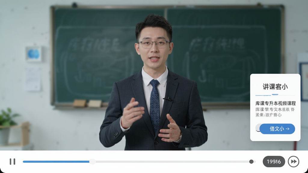 库课专升本视频课程播放界面,屏幕上方为教师授课画面,下方为进度条与倍速按钮,右侧悬浮讲义入口,整体排版整齐,风格现代,画质清晰干净