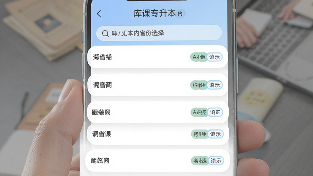 库课专升本应用内省份选择页面,列表展示多个省份名称与对应考试科目标签,界面采用卡片式布局,配色柔和,风格清爽,细节清晰,画质干净