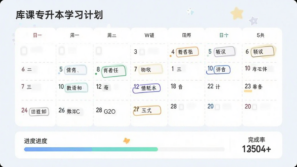 库课专升本学习计划页面,日历形式展示每日任务安排,下方为进度条与完成率数字,界面采用浅色背景,排版清晰,风格清新,画质干净无多余元素