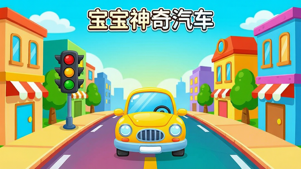 宝宝神奇汽车应用主界面全景展示,画面中央是一辆卡通黄色小汽车行驶在彩色城市道路上,两侧有卡通建筑、红绿灯和树木,顶部显示软件名称“宝宝神奇汽车”,整体采用明亮活泼的儿童插画风格,色彩饱和度高,布局清晰,细节丰富,画质干净细腻,无多余元素