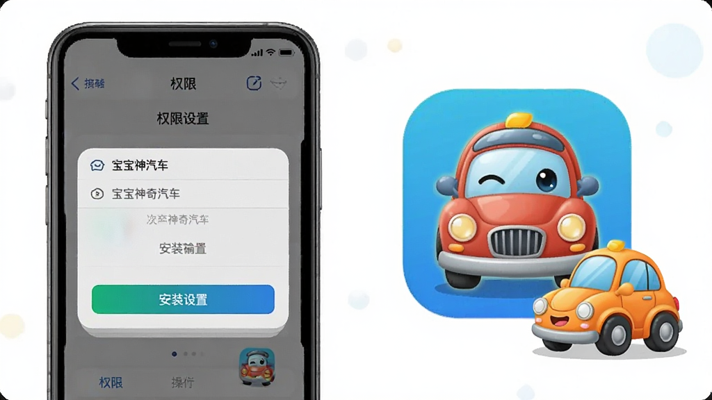 宝宝神奇汽车安装设置操作示意图,画面展示手机屏幕上的权限设置界面与宝宝神奇汽车应用图标,旁边有卡通小汽车元素点缀,风格简洁明快,布局清晰,细节干净,画质细腻