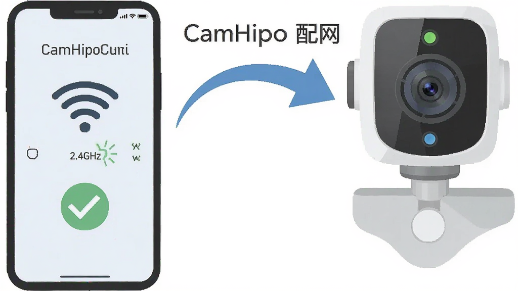 主体是手机与摄像头配网场景,布局为手机在左、摄像头在右、中间用弧形箭头连接,排版横向并列,风格为扁平化示意图,细节包括2.4GHz WiFi标识、指示灯闪烁符号、对勾确认图标,画质干净清晰无多余元素,图中文字“CamHipro 配网”