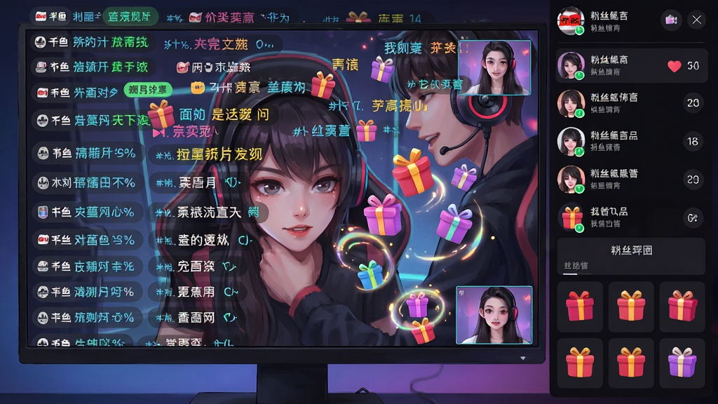 画面主体为斗鱼直播间弹幕互动场景,屏幕中直播画面上方飘过密集的彩色弹幕文字,右侧展示粉丝团列表与礼物面板,布局采用左右分栏构图,排版层次分明,风格为活力四射的电竞氛围插画,细节包含荧光色弹幕、礼物特效光晕与主播摄像头小窗,画质高清,干净无多余元素