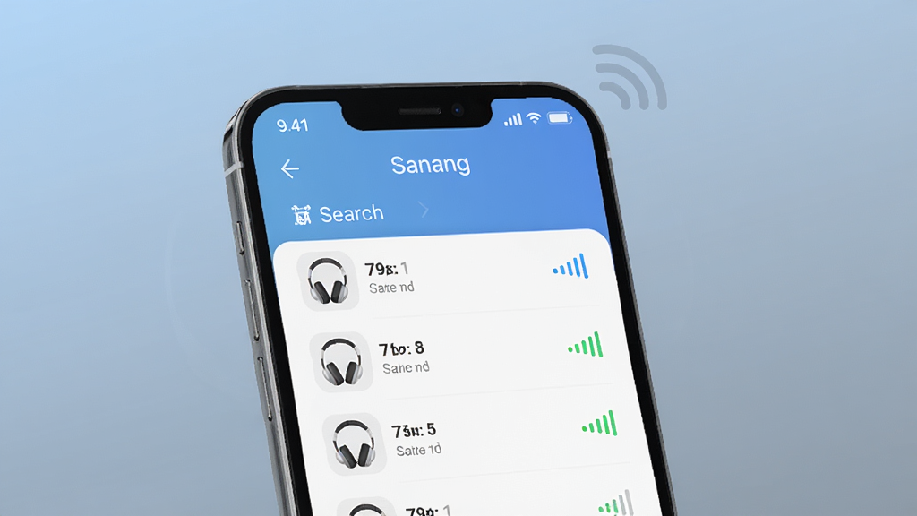 一张表现Sanag应用蓝牙搜索界面的场景图,画面中一部手机屏幕显示附近设备列表,列表项带有耳机图标与信号强度标识,背景为柔和的蓝灰渐变,整体风格清爽简约,画质清晰干净,无杂乱元素