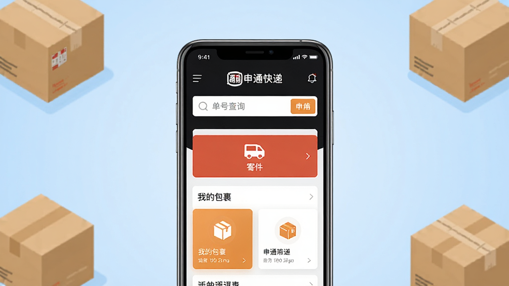 申通快递APP官方主界面展示,画面中央放置一部智能手机,屏幕显示申通快递应用首页,包含单号查询输入框、寄件入口、我的包裹卡片等模块,背景为浅蓝色渐变与快递纸箱、包裹元素点缀,布局简洁居中,风格现代扁平化,细节清晰,画质高清,干净无多余元素