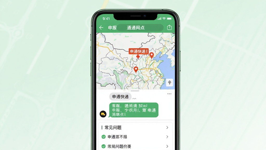 申通快递网点查询与客服功能展示,手机屏幕显示地图界面标注附近网点位置,下方有客服对话框与常见问题列表,背景为浅绿与白色搭配的清爽风格,布局合理,细节丰富,画质清晰,干净无多余元素