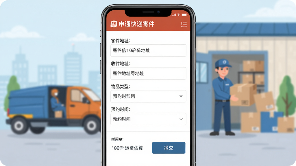 申通快递在线寄件页面展示,手机屏幕显示寄件信息填写表单,包含寄件地址、收件地址、物品类型、预约时间等字段,下方有运费估算与提交按钮,背景配快递员上门取件的插画元素,风格扁平商务,布局规整,画质高清,干净无多余元素