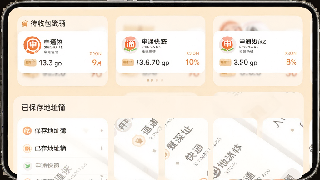申通快递包裹管理与地址簿界面,手机屏幕分为上下两部分,上半部分展示待收包裹卡片列表,下半部分展示已保存的地址簿条目,背景为浅色系圆角卡片设计,风格温馨简洁,细节清晰,画质高清,干净无多余元素