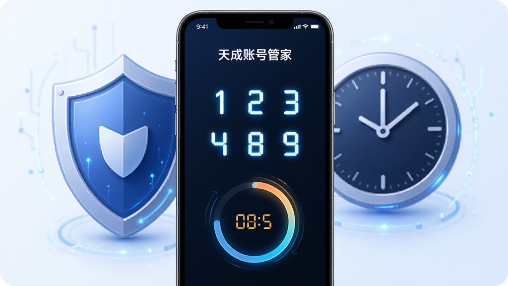 画面主体为天成账号管家动态密码功能界面,手机屏幕显示六位数字动态密码和倒计时圆环,背景有盾牌和时钟元素,布局为手机居中、元素环绕,风格为科技安全风,细节上数字清晰发光、倒计时动感十足,画质高清、干净、无多余元素