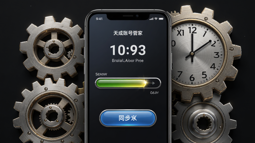 画面展示天成账号管家安全登录校对界面,手机屏幕显示时间校对进度条和同步按钮,背景有齿轮和时钟齿轮咬合元素,布局为手机居中、齿轮环绕,风格为精密机械风,细节上进度条光泽感强、齿轮纹理细腻,画质高清、干净、无多余元素