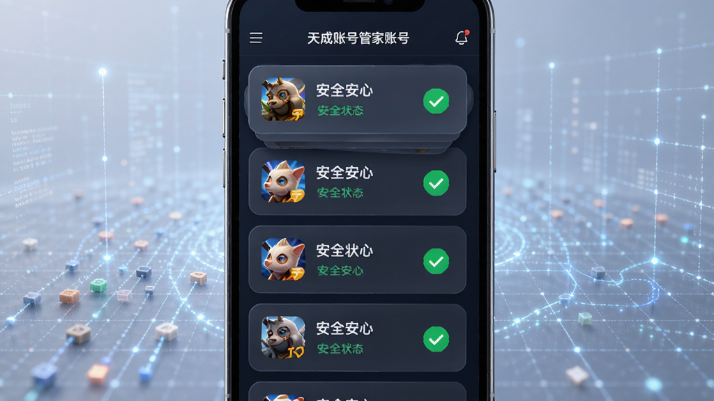 画面主体为天成账号管家账号管理界面,手机屏幕显示多个账号卡片列表,每张卡片上有游戏图标和安全状态标识,背景有数据流和网格线条,布局为手机居中、卡片纵向排列,风格为商务科技风,细节上卡片层次分明、状态标识醒目,画质高清、干净、无多余元素