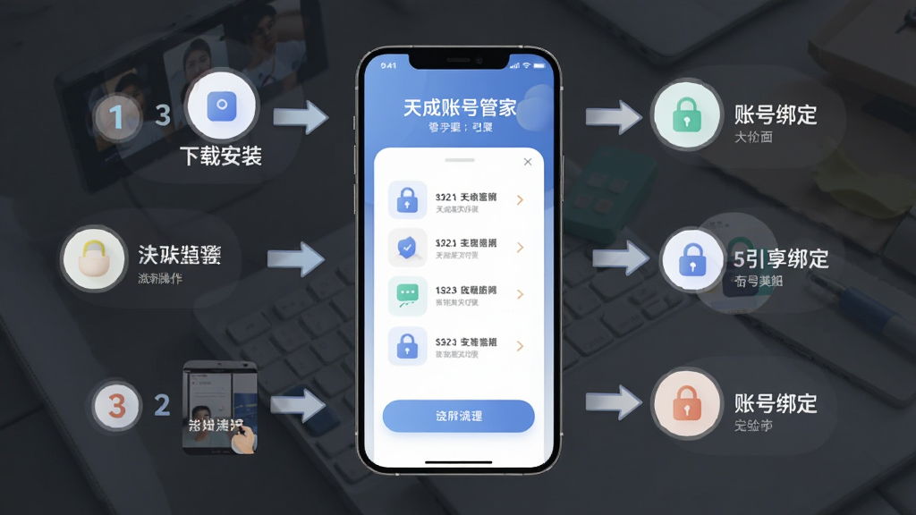 画面展示天成账号管家新手操作流程图,手机屏幕显示从下载安装到账号绑定的步骤引导页面,背景有箭头和步骤序号元素,布局为手机居中、步骤环绕,风格为清新引导风,细节上步骤图标简洁明了、色彩柔和,画质高清、干净、无多余元素